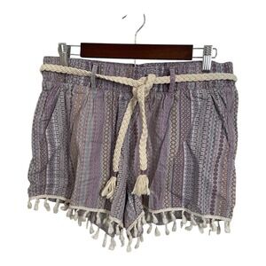 Rewash Women's Shorts Size L Purple Linen Blend Boho Tassel Belted